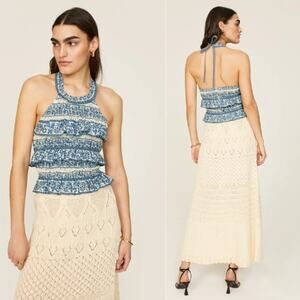 NWT Sea New York Arlo Ruffle Lace Halter Sleeveless Printed Blouse Top Blue